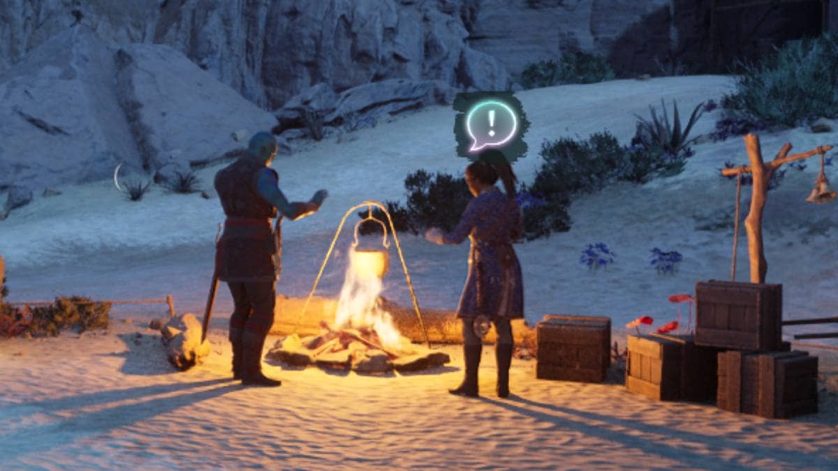 Avowed campfire with Giatta and Kai standing nearby.