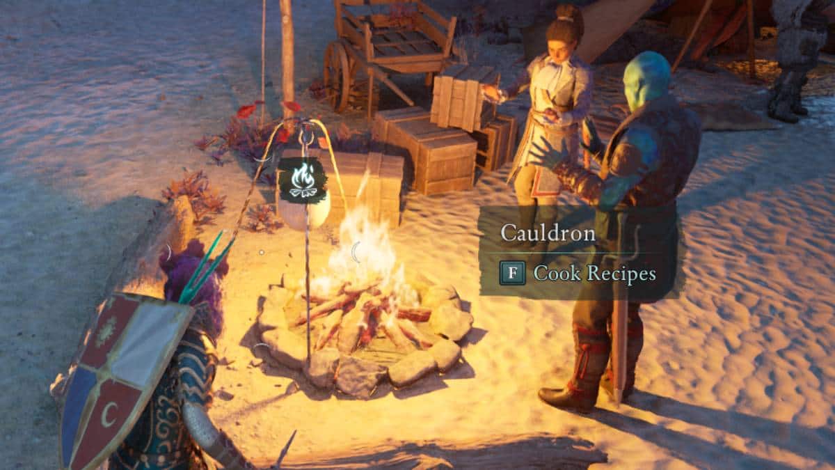 Avowed character approaching a campfire with Kai standing nearby.