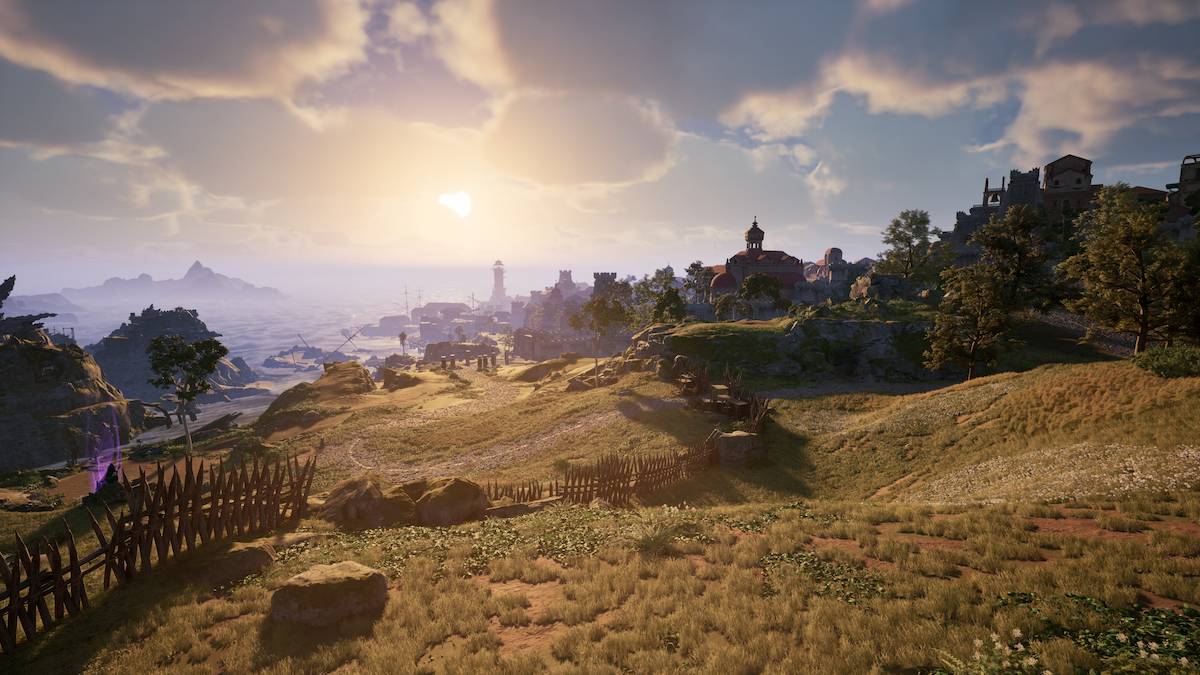 A scenic image of a city on the horizon in the game Avowed.