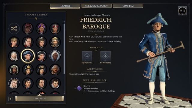 Baroque Civilzation 7 leader screenshot with traits.
