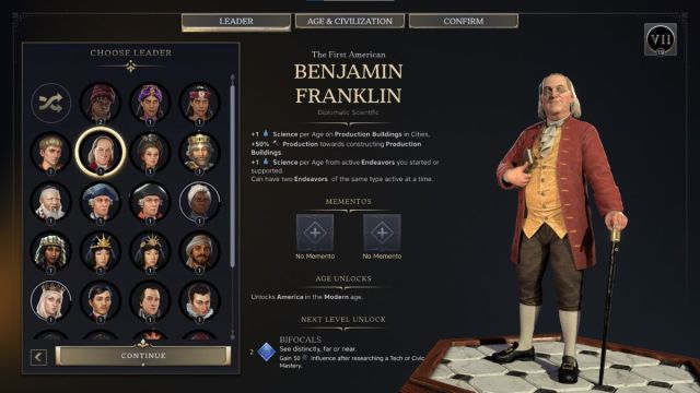 Benjamin Franklin Civilzation 7 leader screenshot with traits.