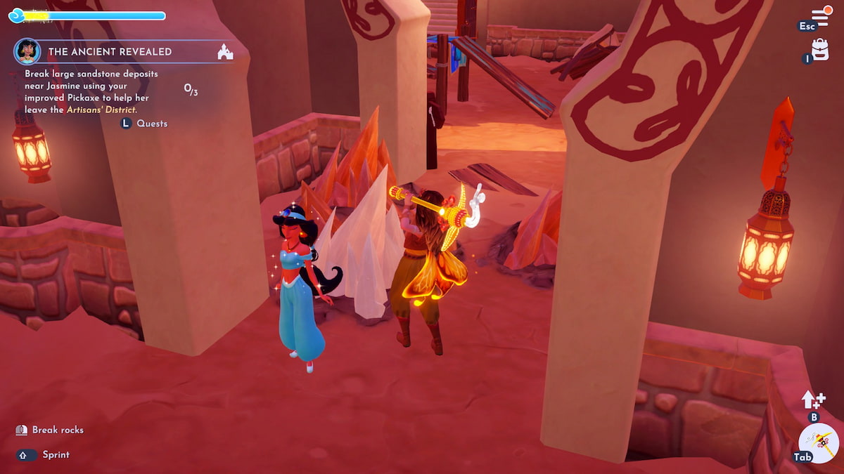 Breaking a rock in Disney Dreamlight Valley.