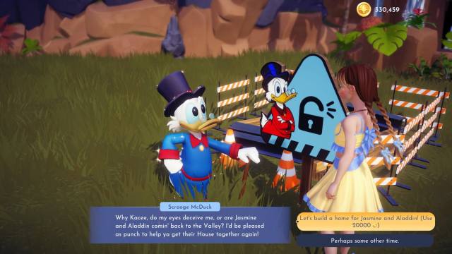 Talking to Scrooge McDuck to build Jasmine and Aladdin's house in Disney Dreamlight Valley