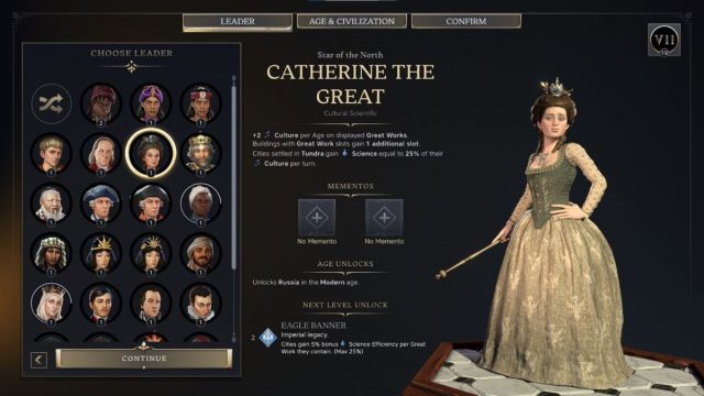 Catherine the Great Civilzation 7 leader screenshot with traits.