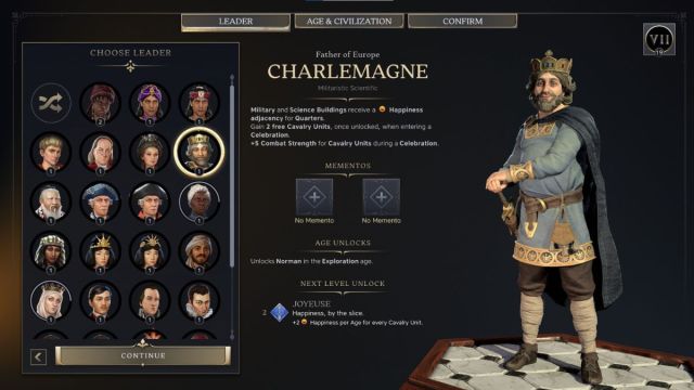 Charlemagne Civilzation 7 leader screenshot with traits.