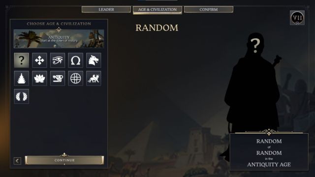 Civilization selection screen in Civ 7 with a random Leader.