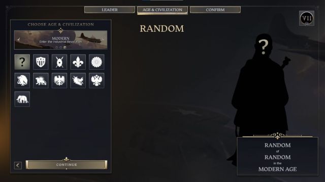 Civilization selection screen in Civ 7 with a random Leader.