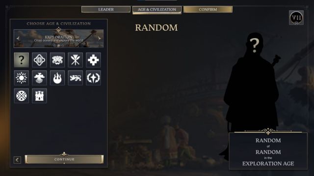Civilization selection screen in Civ 7 with a random Leader.
