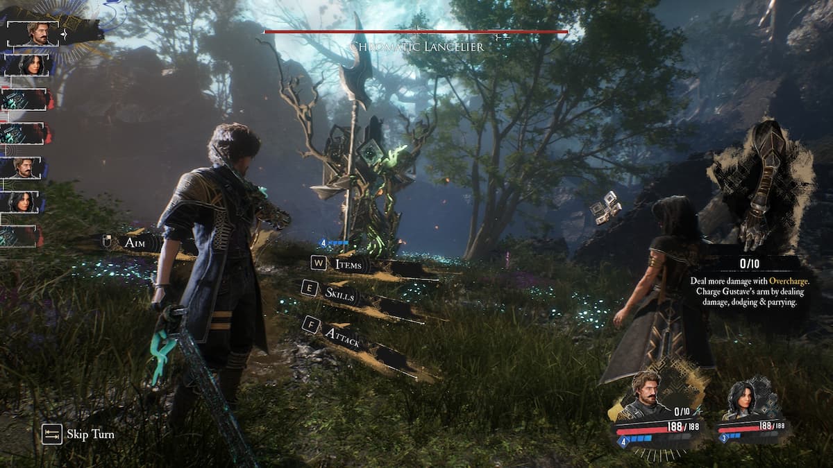 A man wielding a sword and a gun and a woman stand in front of a massive automaton wielding a huge lance with trees growing out of it in Clair Obscur: Expedition 33.