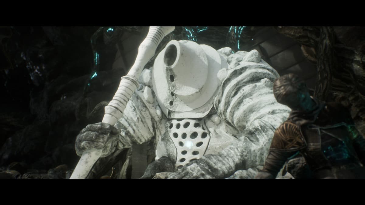 A strange humanoid jar creature sitting sadly under a pile of rubble, holding a lamppost in its hand in Clair Obscur: Expedition 33.