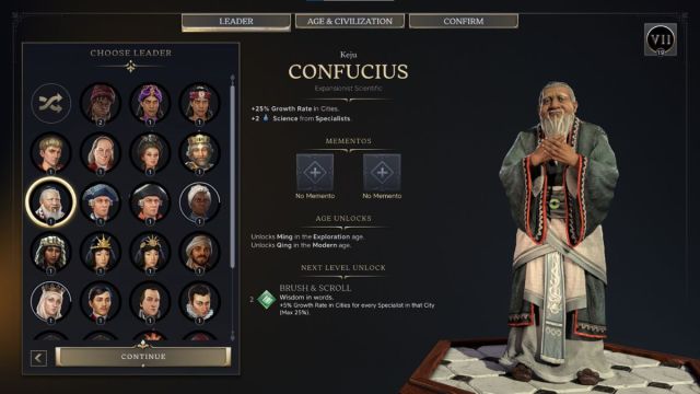 Confucius Civilzation 7 leader screenshot with traits.