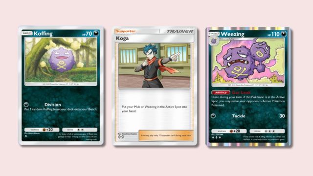 Koffing, Koga, and Weezing Pokémon TCG Pocket cards on a pink background.
