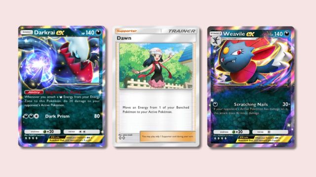 Darkrai ex, Dawn, and Weavile ex Pokémon TCG Pocket cards on a pink background.