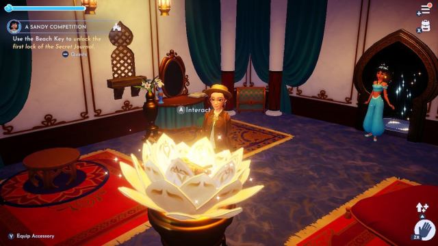 Interacting with the enchanted flower in Jasmine's house in DDV.