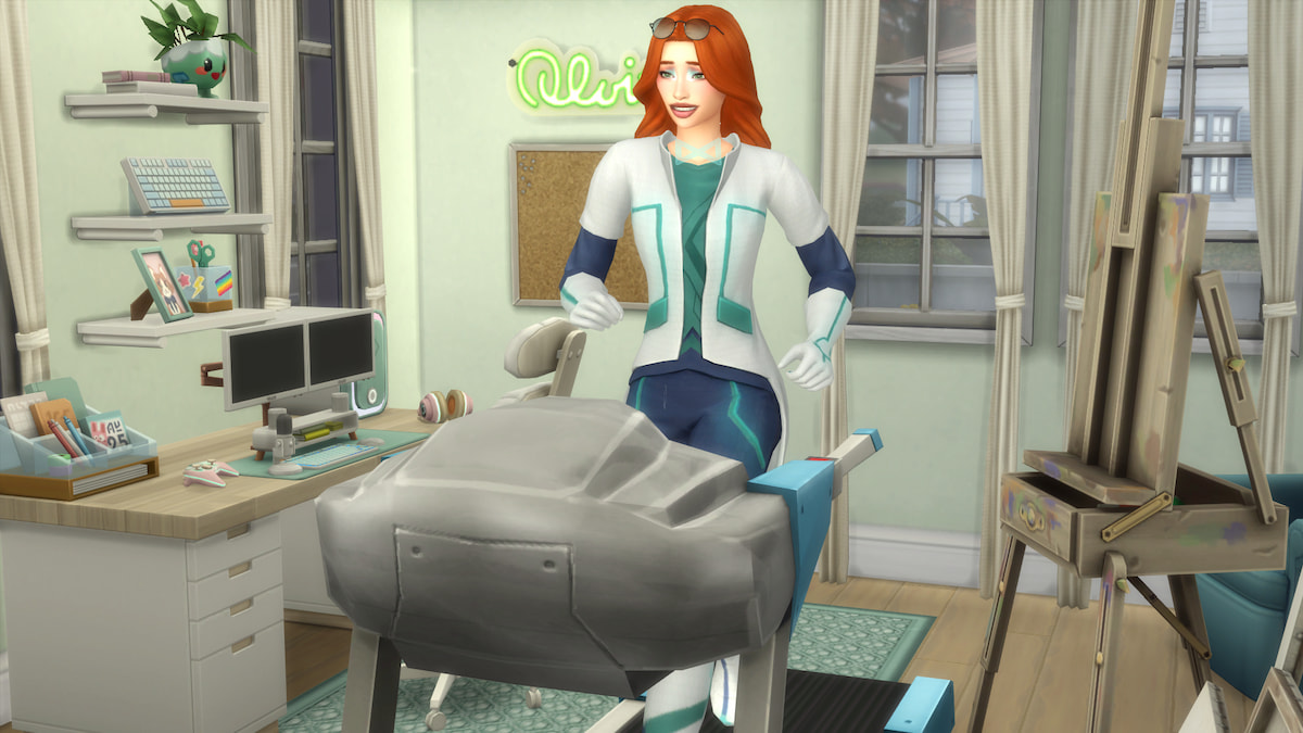 A Sim with orange hair and a white and blue time travel outfit running on a treadmill in The Sims 4.