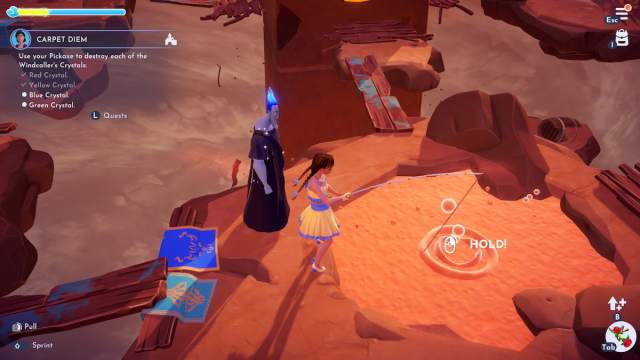 Fishing in a quicksand pool to pull up a bridge in Disney Dreamlight Valley