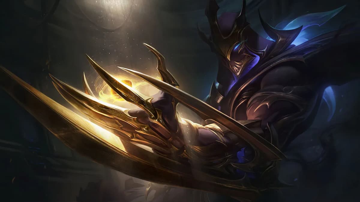 A strange man in a mask standing in the dark and holding a vibrant golden orb in his hand which has pointed fingers and sharp blades in League of Legends.