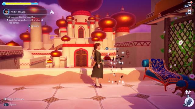 The player looking at Genie's black and white sparkles on the roof Disney Dreamlight Valley