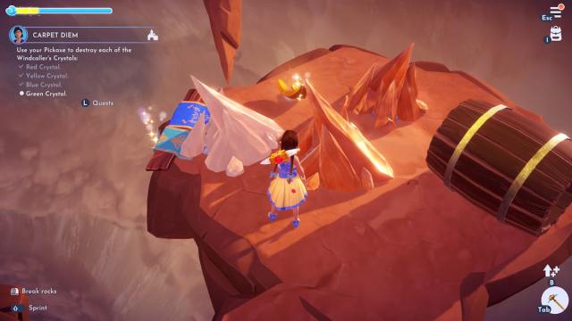 A player preparing to break sandstone nodes to grab a golden banana in Disney Dreamlight Valley