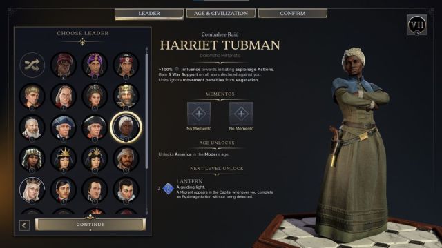 Harriet Tubman Civilzation 7 leader screenshot with traits.
