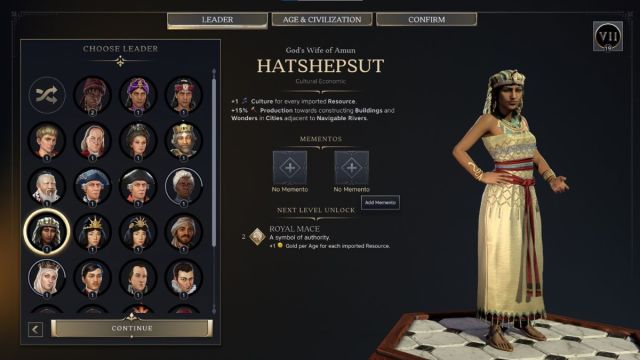 Hatshepsut Civilzation 7 leader screenshot with traits.