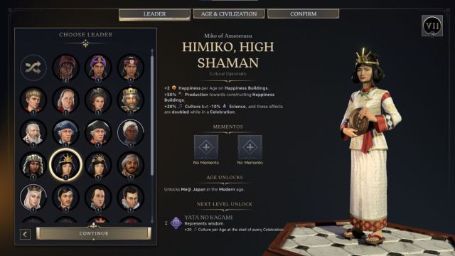 Himiko High Shaman Civilzation 7 leader screenshot with traits.