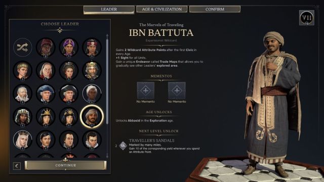 Ibn Battuta Civilzation 7 leader screenshot with traits.