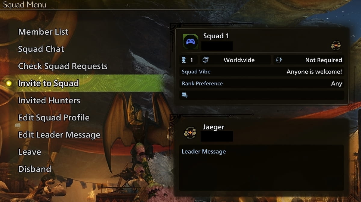 The Squad menu in Monster Hunter Wilds
