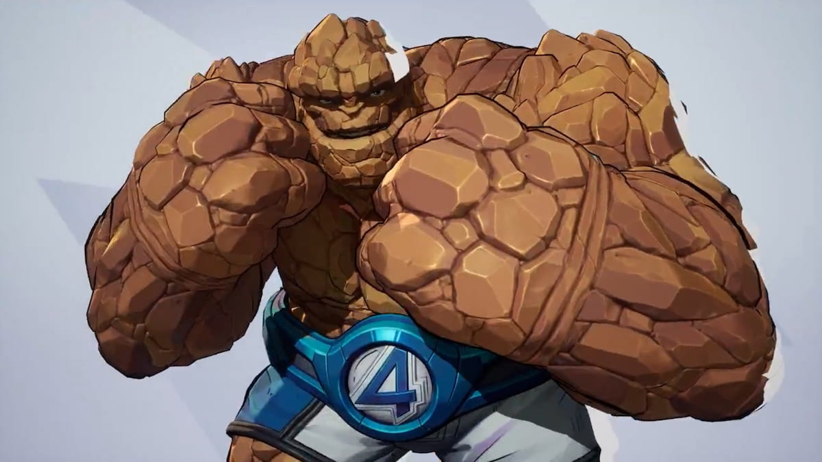 The Thing in Marvel Rivals, a rocky giant man wearing blue shorts
