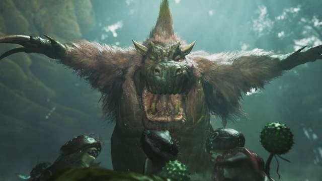 A scary ape-like monster jumps and frightens the Monster Hunter characters