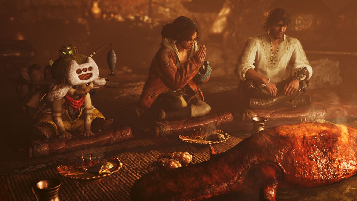Monster Hunter Wilds characters gathered around and eating food