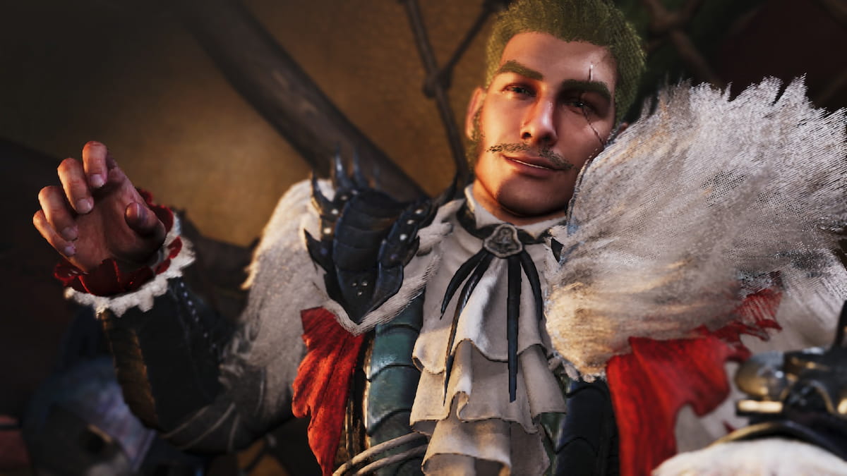A hunter wearing a frilly shirt and bolo tie.