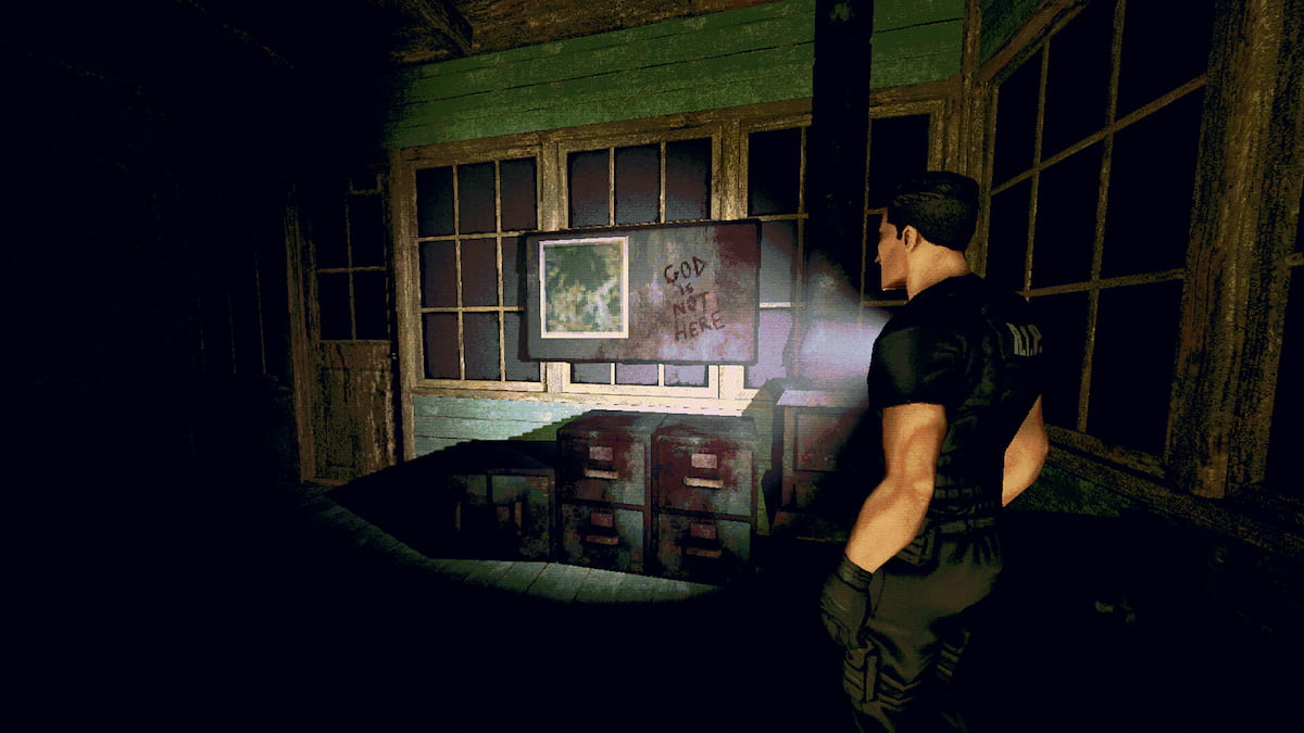 A screenshot of Flesh Made Fear, featuring a man looking at a sign that says "God is Not Here"