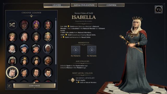 Isabella Civilzation 7 leader screenshot with traits.