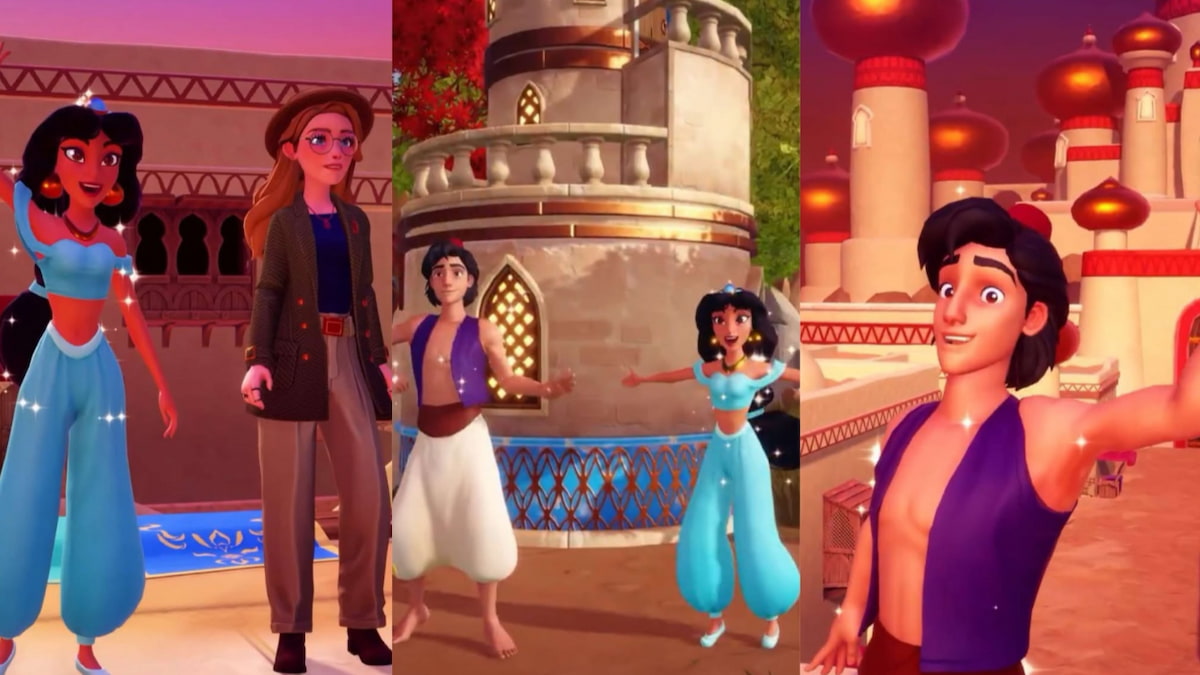 Jasmine, Aladdin, and the player exploring the Aladdin Realm in Disney Dreamlight Valley.