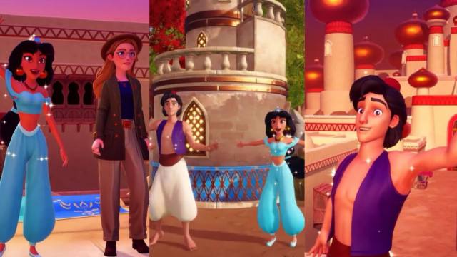Jasmine, Aladdin, and the player exploring the Aladdin Realm in Disney Dreamlight Valley.