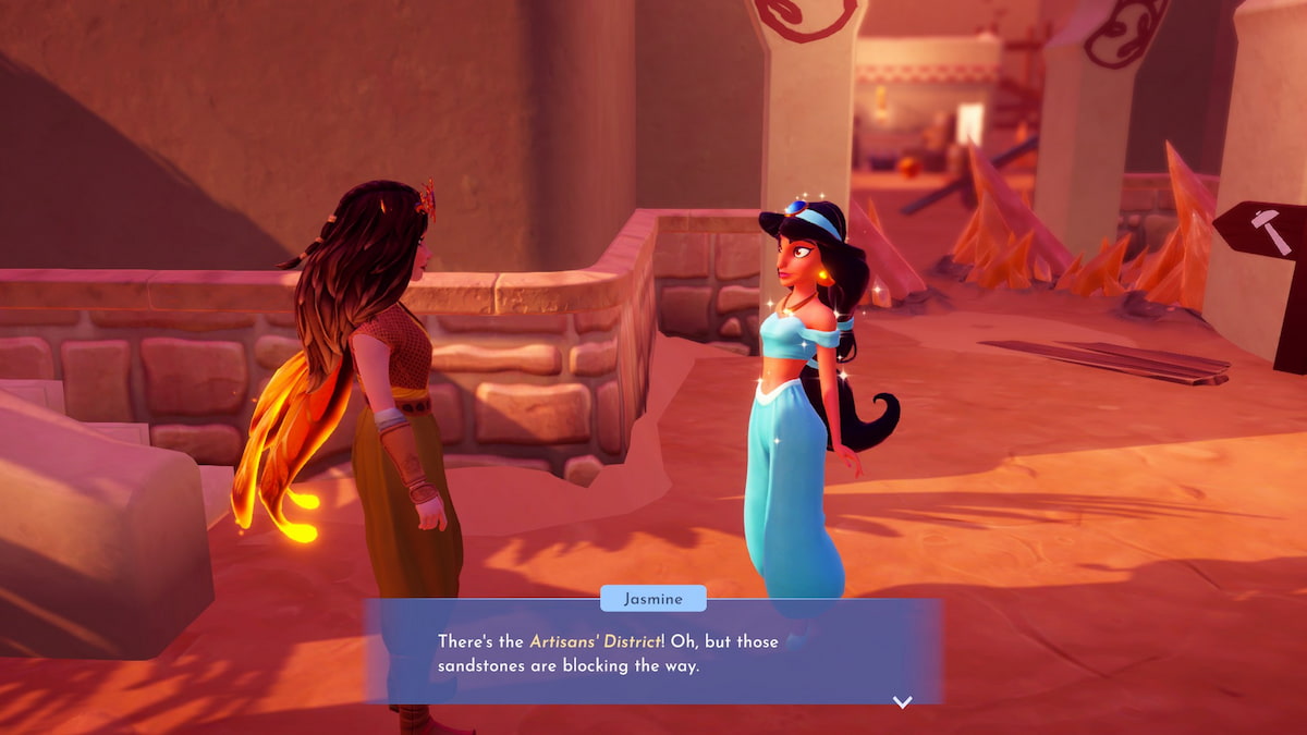 Jasmine talking about the Artisans' District in Disney Dreamlight Valley.