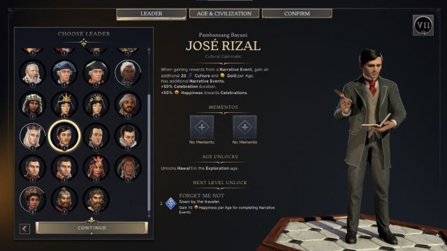 Jose Rizal Civilzation 7 leader screenshot with traits.