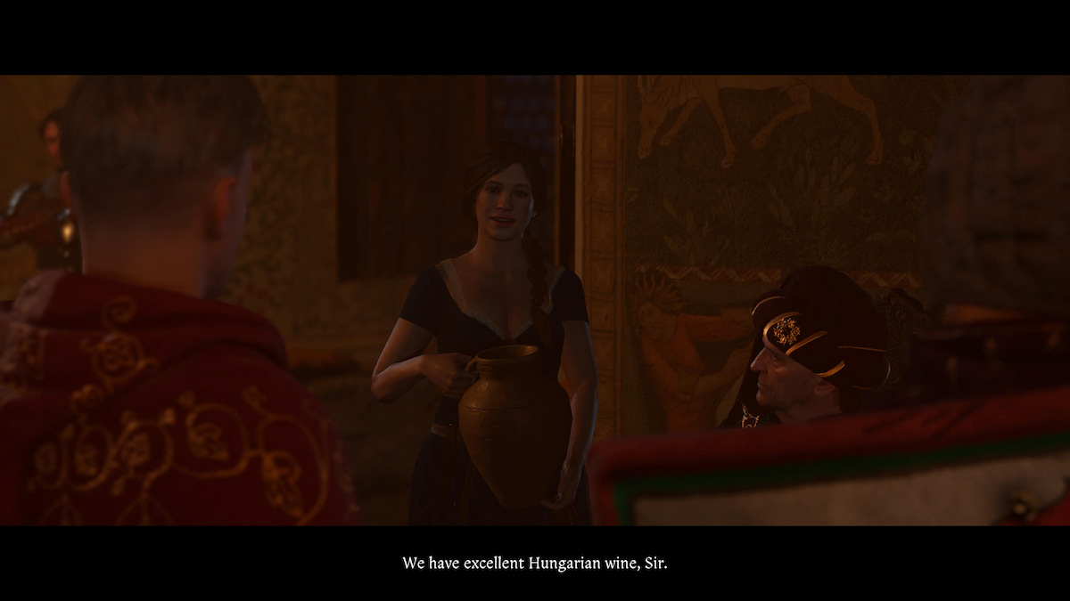 Katherine holding a pitcher of wine next to other important characters