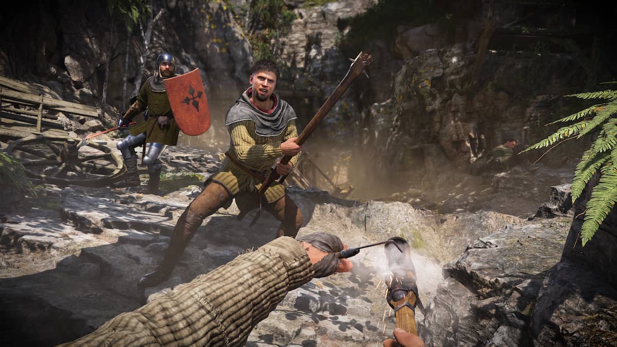 Kingdom Come Deliverance 2 screenshot showing Henry in first person fighting with the crossbow equipped fighting against a pole-wielding soldier