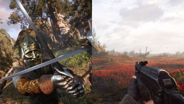 Side by side frames of kingdom come deliverance 2 combat and stalker 2 gun pov in red field