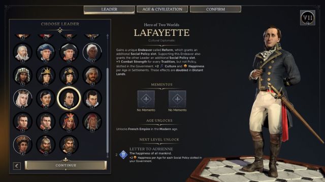 Lafayette Civilzation 7 leader screenshot with traits.