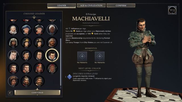 Machiavelli Civilzation 7 leader screenshot with traits.