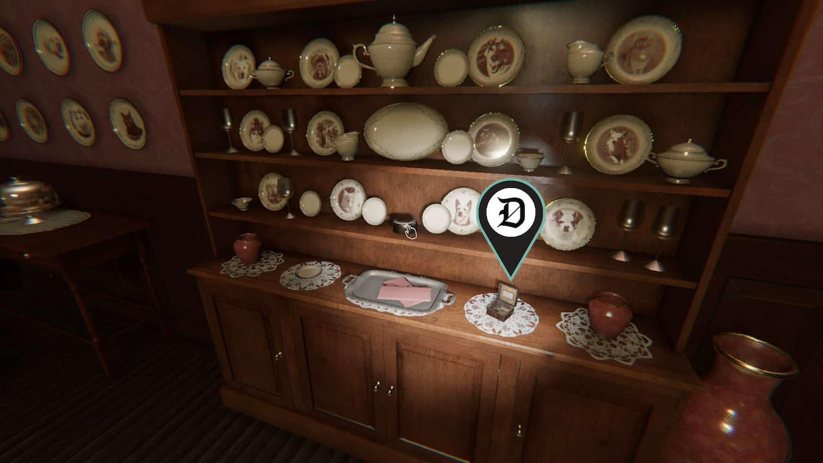 A Music Box on a cabinet in the tea room at Bleasdale Farmhouse in Phasmophobia.