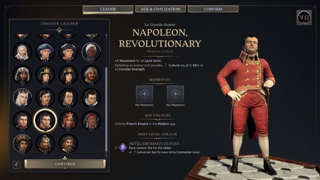Napoleon Civilzation 7 leader screenshot with traits.