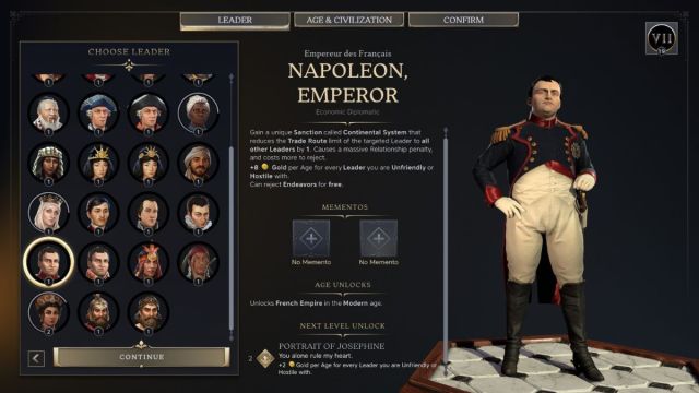 Napoleon Civilzation 7 leader screenshot with traits.