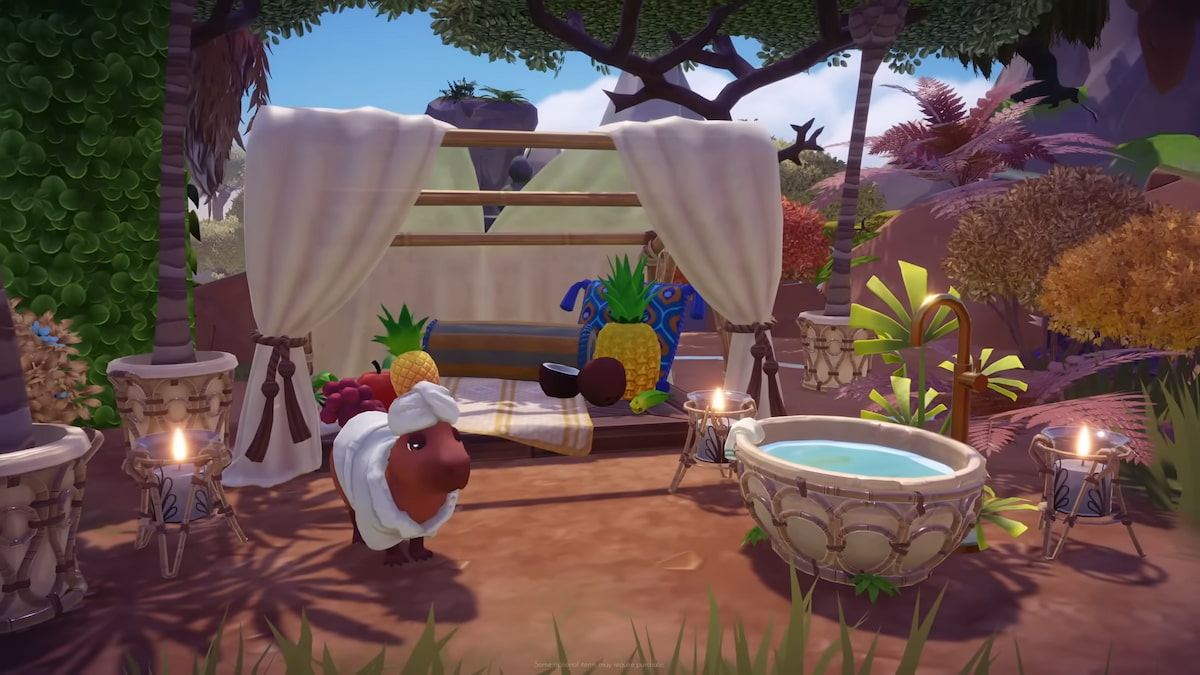 A Capybara wearing a white outfit with a pineapple on its head standing by a bed and tiny bath in Disney Dreamlight Valley.