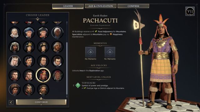 Pachacuti Civilzation 7 leader screenshot with traits.