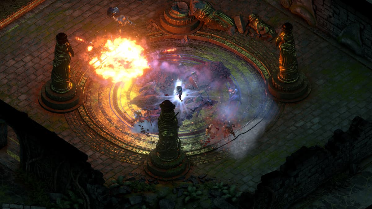 Mages battling with strange creatures in a circle surrounded by fire-breathing statues in Pillars of Eternity 2.