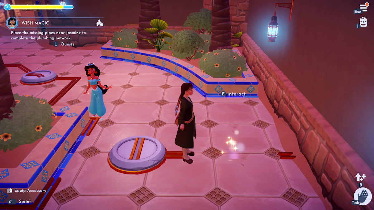 The sparkling spot where you can place the missing pipes near Jasmine in Disney Dreamlight Valley